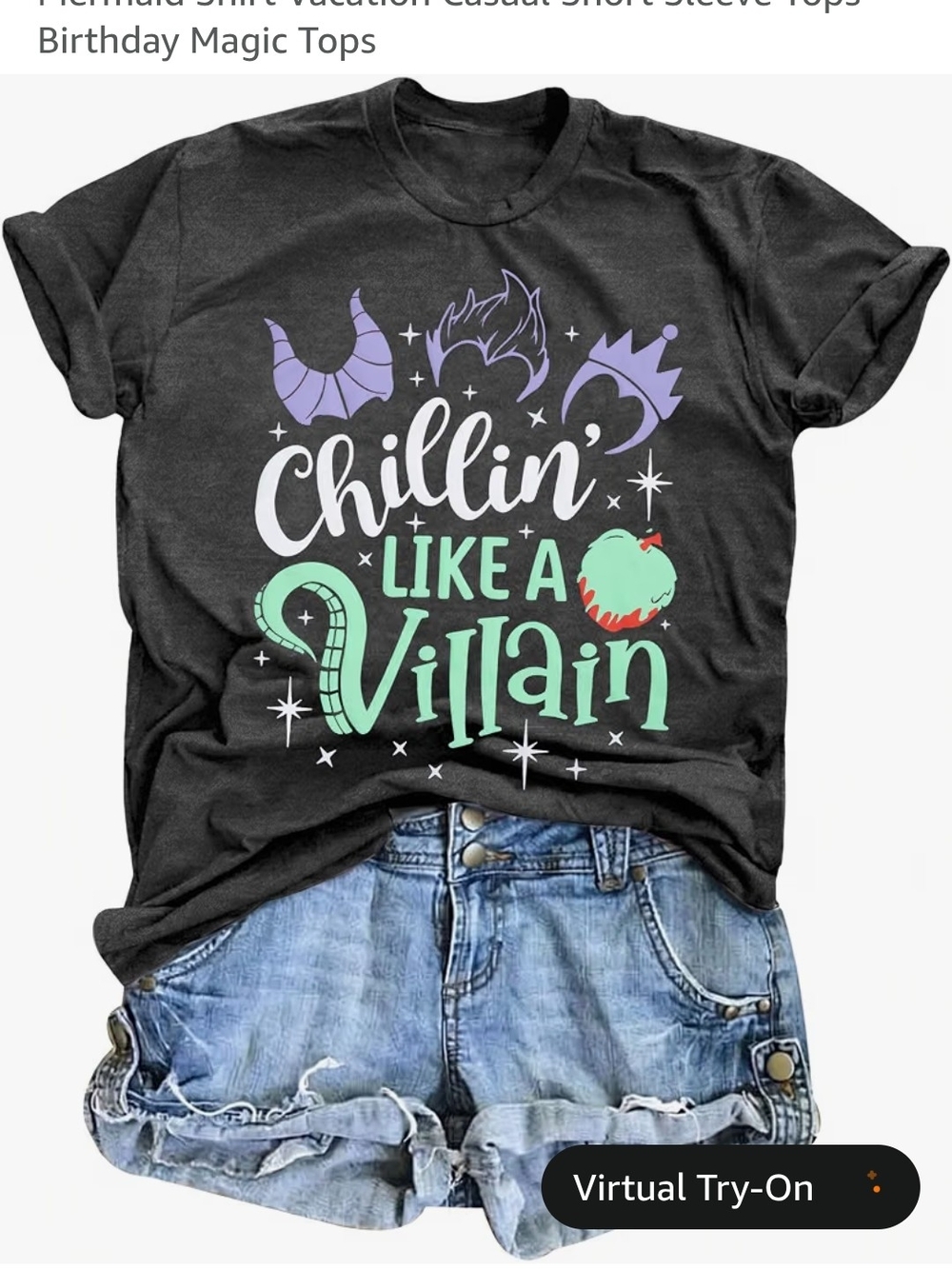 Disney Charcoal Tee W/ Matching Villain Graphic, Poison Apple Earrings And Ears.